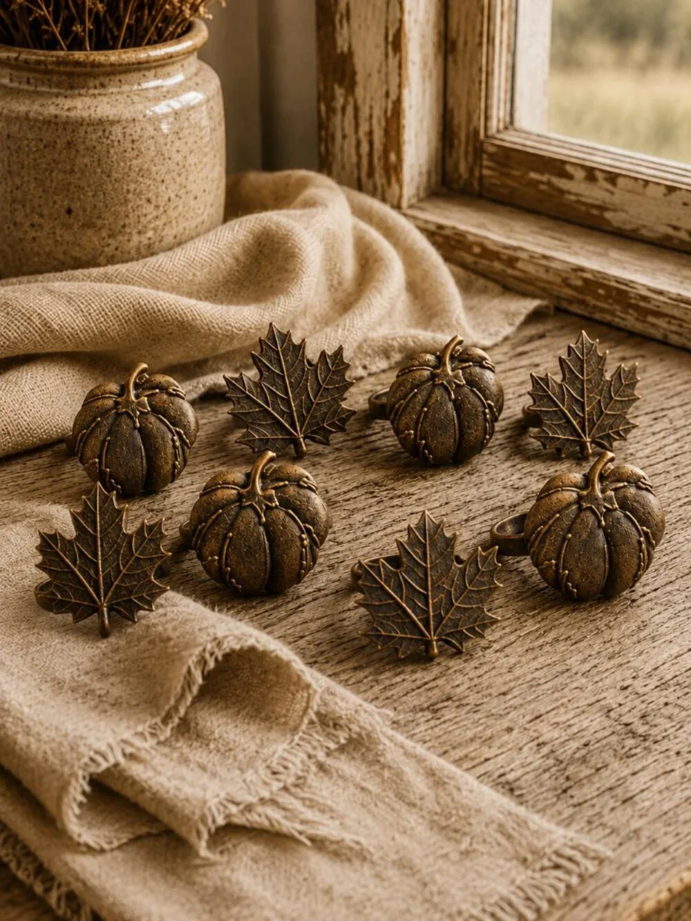 Set of 8 Vintage Bronze Finish Pumpkin & Maple Leaf Fall Napkin Ring Holders